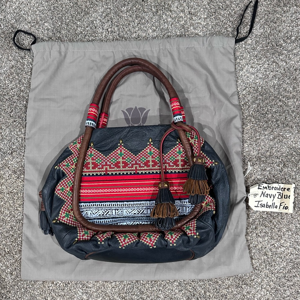 Isabella Fiore Blue Leather Handbag Embroidered Detail